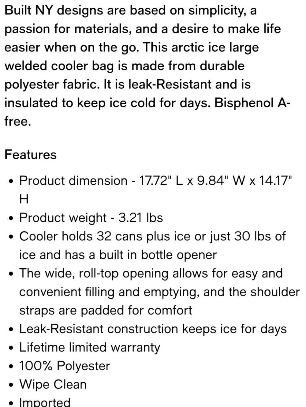 NWT BUILT New York Welded Cooler Bag Large Arctic Ice / Holds 32 Cans Plus Ice